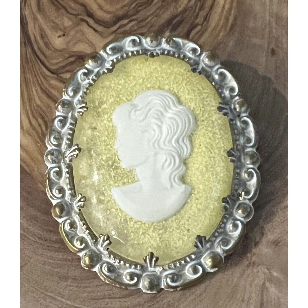 Vintage West Germany Signed Yellow White Cameo Art Brooch Pin